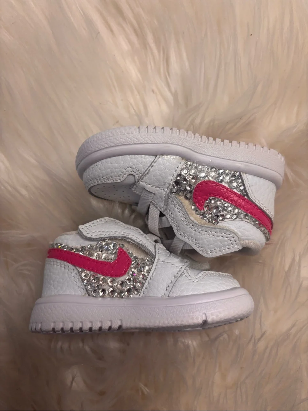 Jordan White Kids Sneakers with Pink Swoosh and Rhinestones